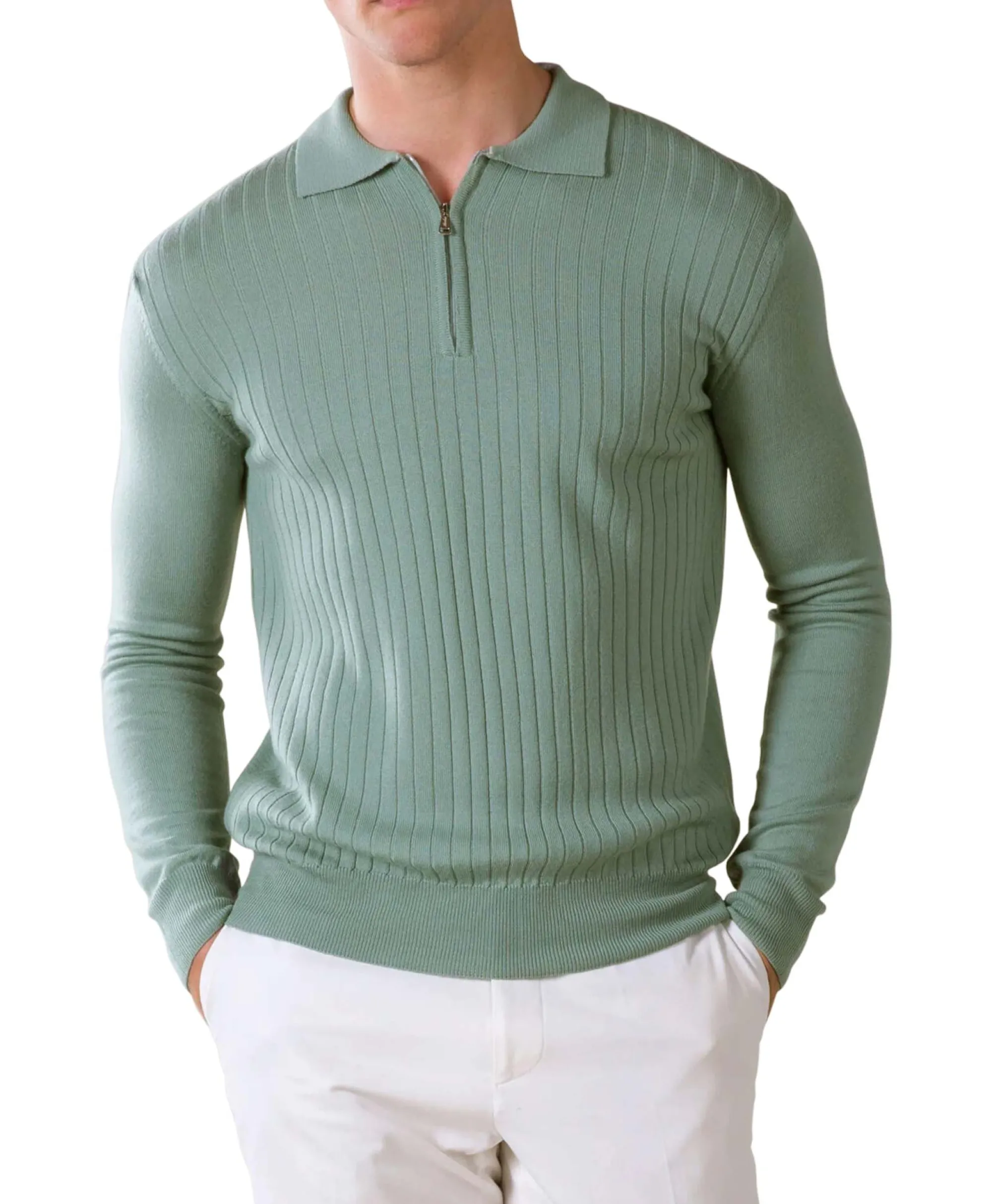 Discount Pullover Rib Zip Polos Ls Licht Groen Heren Truien