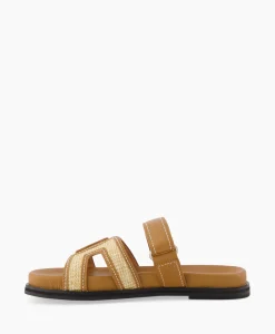 Online Sandaal Zonder Hak Leather And Rafia Licht Bruin Dames Sandalen