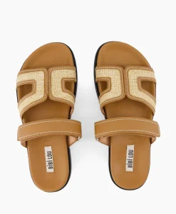 Online Sandaal Zonder Hak Leather And Rafia Licht Bruin Dames Sandalen