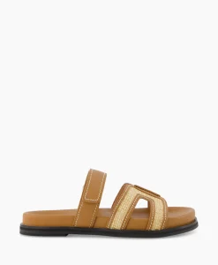 Online Sandaal Zonder Hak Leather And Rafia Licht Bruin Dames Sandalen