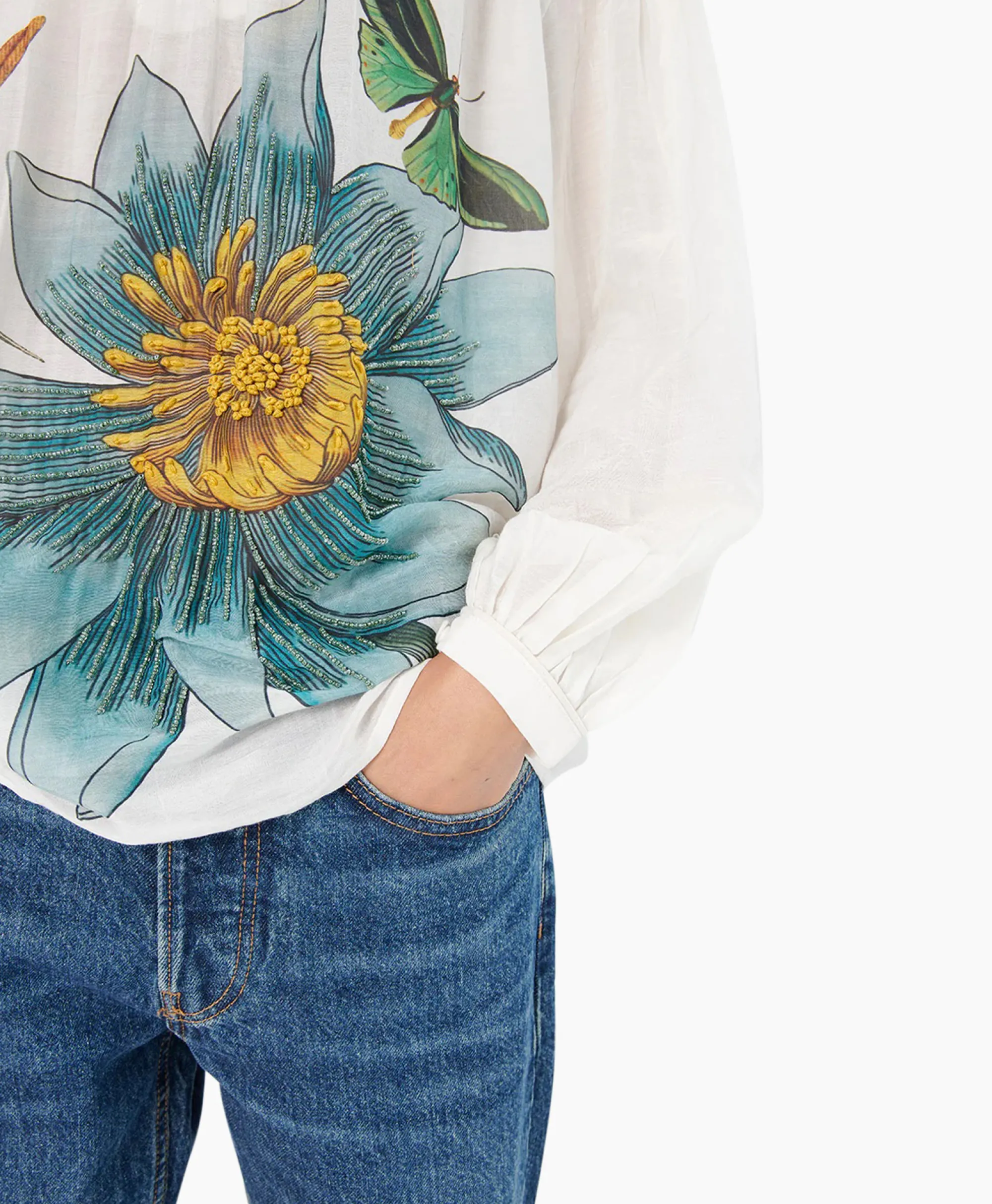 Discount Blouse Bamboo Embroidered Blauw Dames Blouses