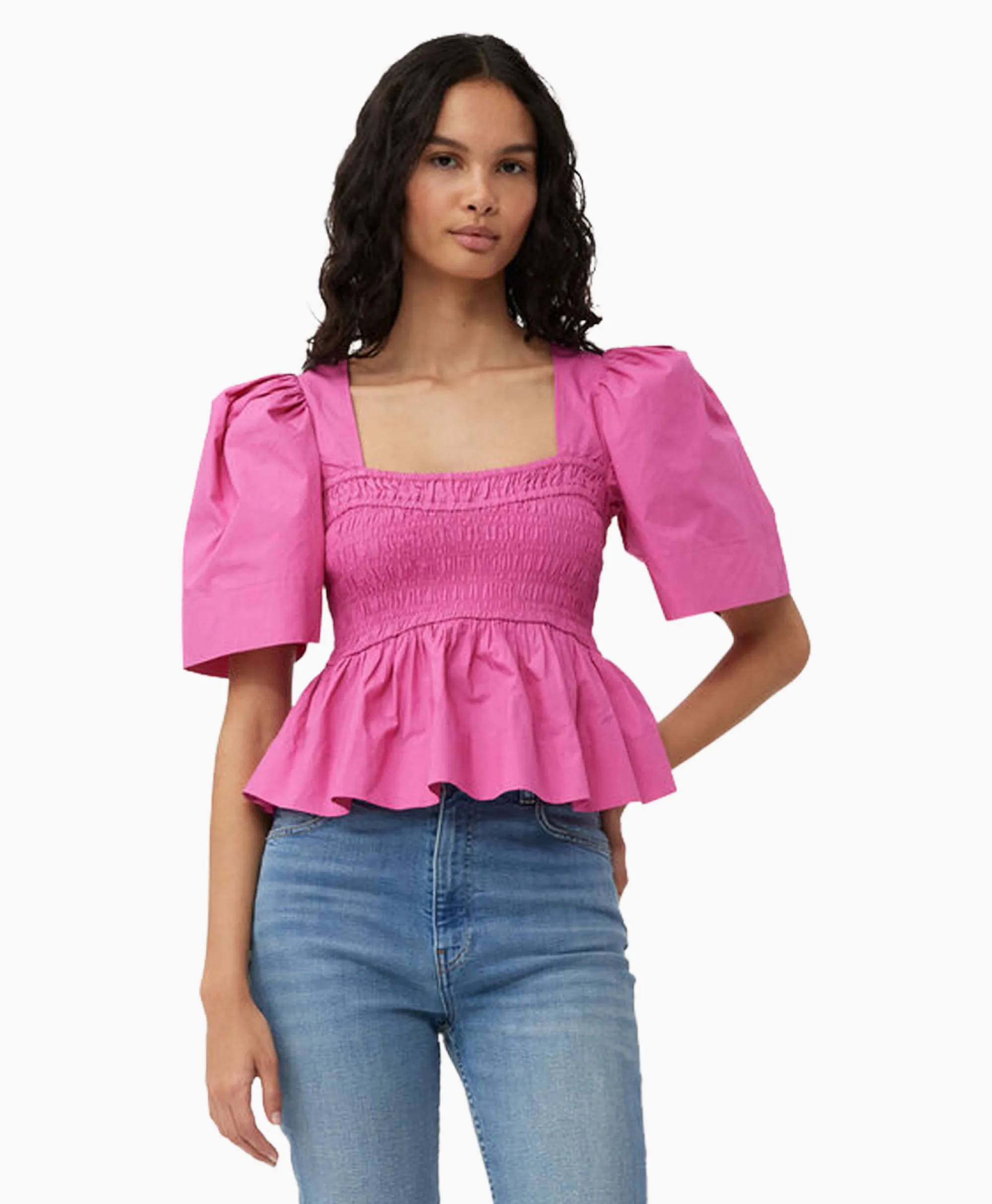 Blouse Cotton Poplin Open-Neck Smock Pink Dames Blouses