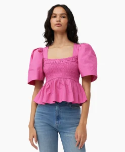 Blouse Cotton Poplin Open-Neck Smock Pink Dames Blouses