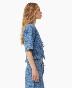 Online Blouse Jacquard Denim Flounce Tie Midden Blauw Dames Blouses