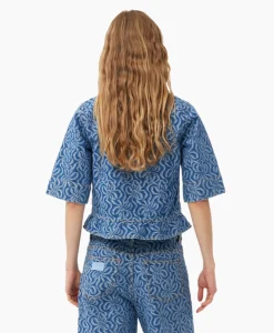Online Blouse Jacquard Denim Flounce Tie Midden Blauw Dames Blouses