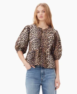 Online Blouse Printed Cotton Poplin Peplum Bruin Dames Blouses