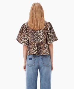 Online Blouse Printed Cotton Poplin Peplum Bruin Dames Blouses