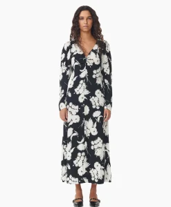 New Maxi Jurk Printed Crepe V-Neck Zwart Dames Jurken