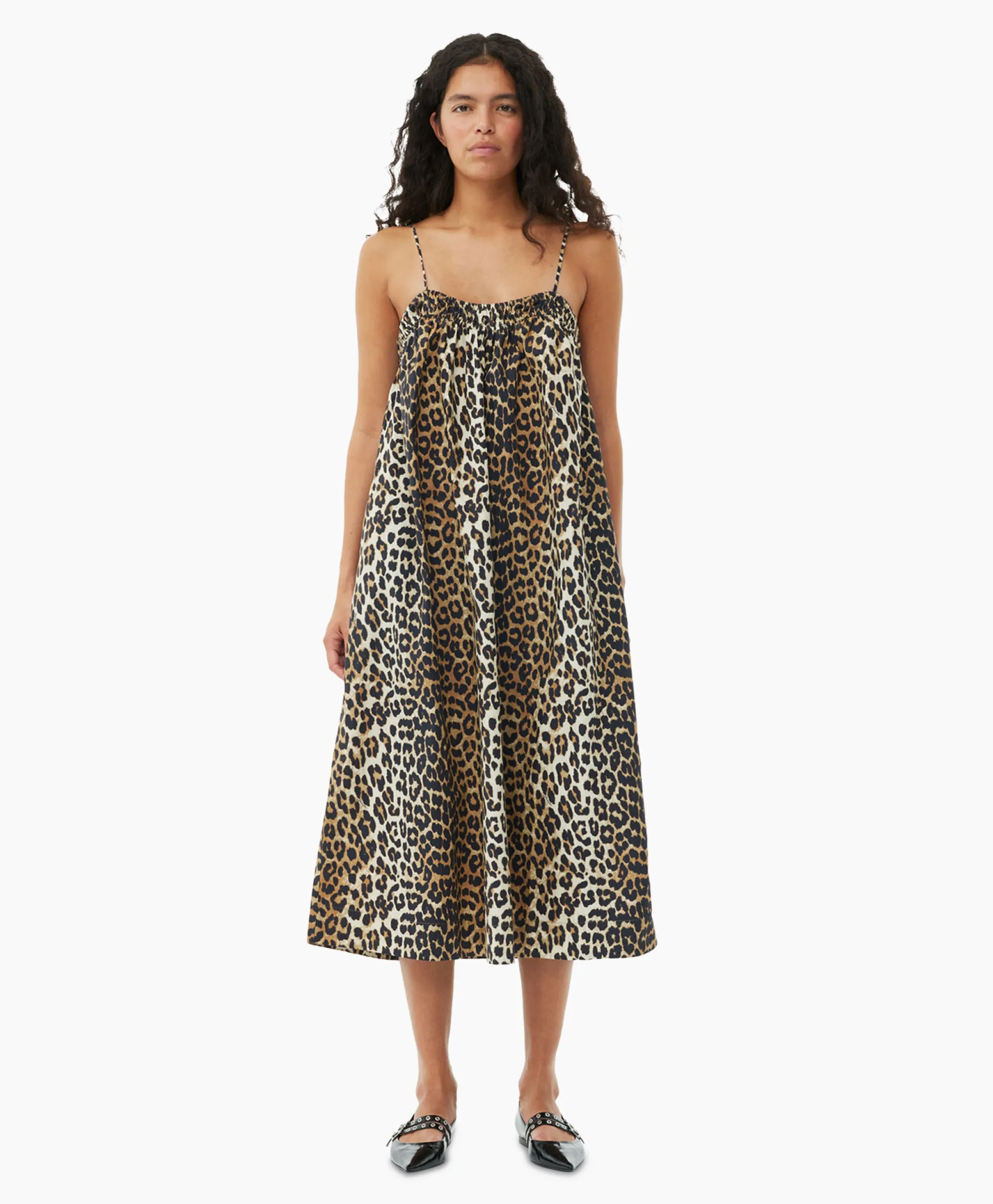 Hot Midi Jurk Printed Cotton Strap Bruin Dames Jurken