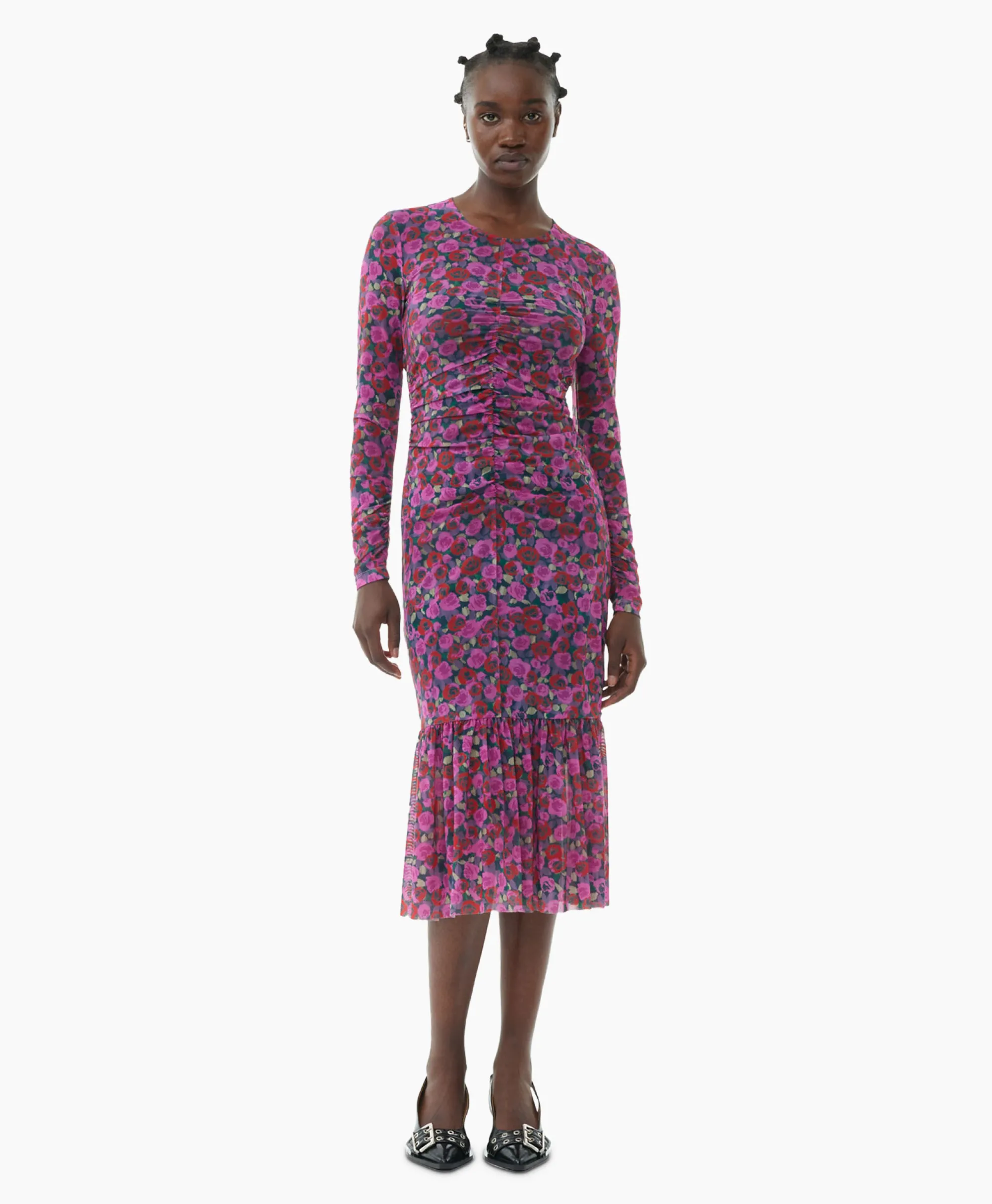 Hot Midi Jurk Printed Mesh Long Sleeve Gathered Roze Dames Jurken