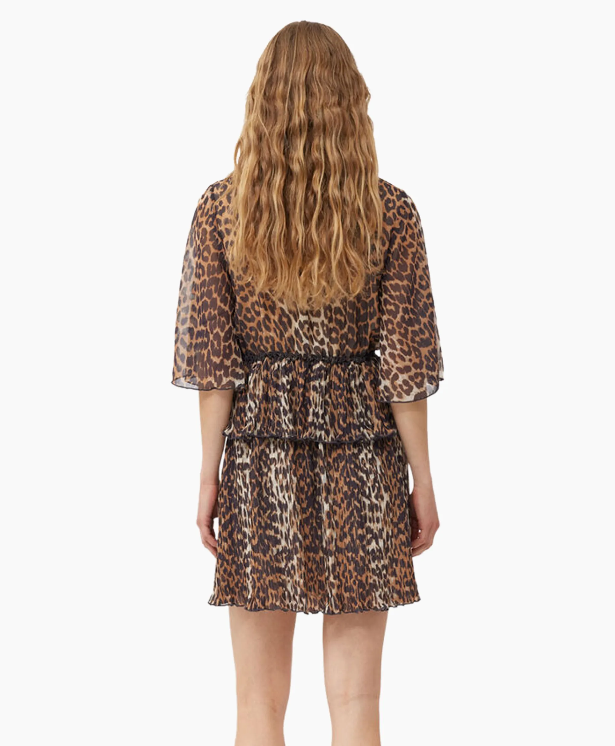 Hot Mini Jurk Pleated Georgette V-Neck Flounce Bruin Dames Jurken