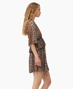 Hot Mini Jurk Pleated Georgette V-Neck Flounce Bruin Dames Jurken