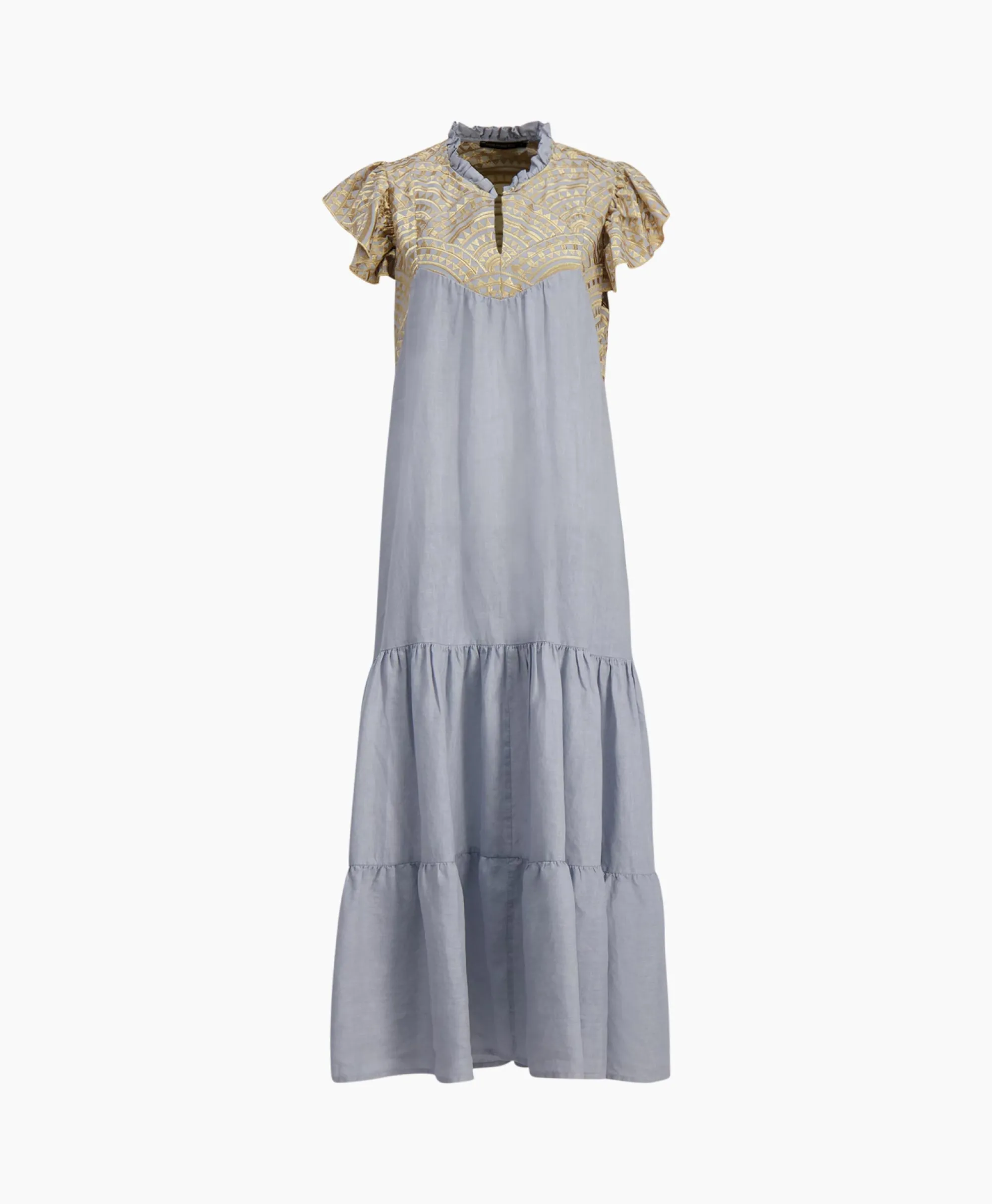 Sale Maxi Jurk Long New All Over Sleeveless Ruffles Licht Grijs Dames Bruiloftskleding