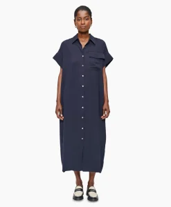 Clearance Maxi Jurk Fluid Shirt Donker Blauw Dames Jurken